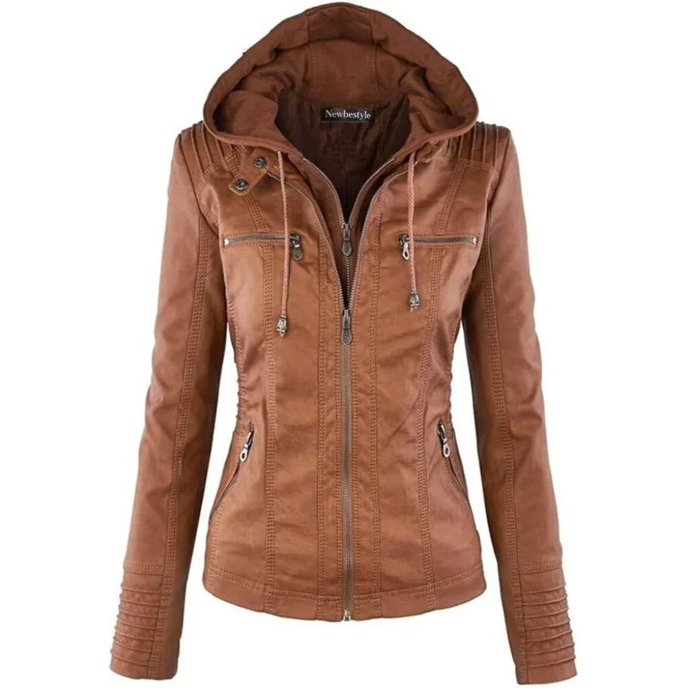 Women Brown Hooded Faux Leather Polyester  Zipper Motorcyle Jacket